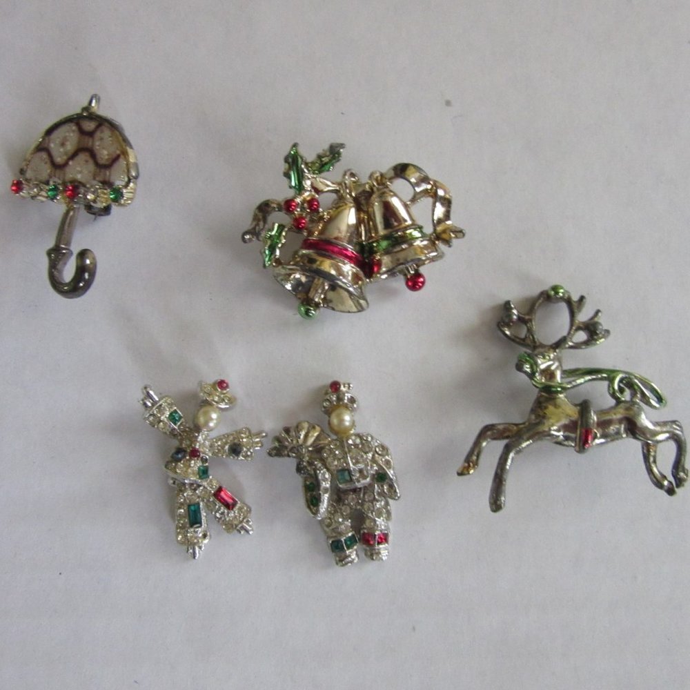 Vintage pins umbrella reindeer bell acrobats